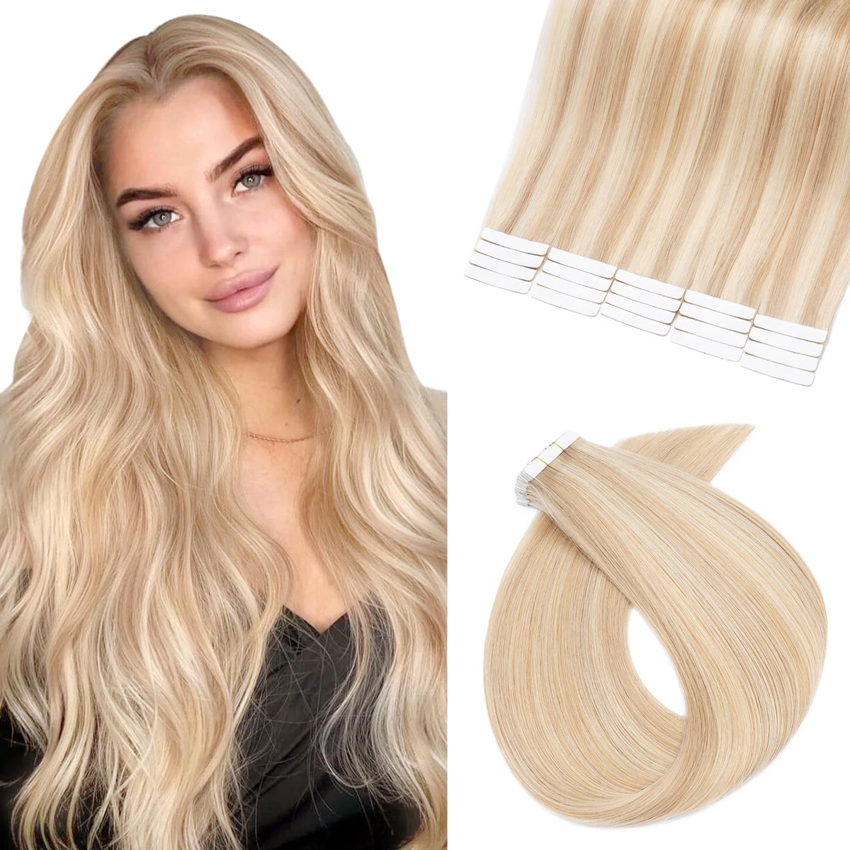 Benehair 20Pcs 14&quot; Remy Tape In Hair Extensions Ash Blonde & Bleach Blonde Human Hair