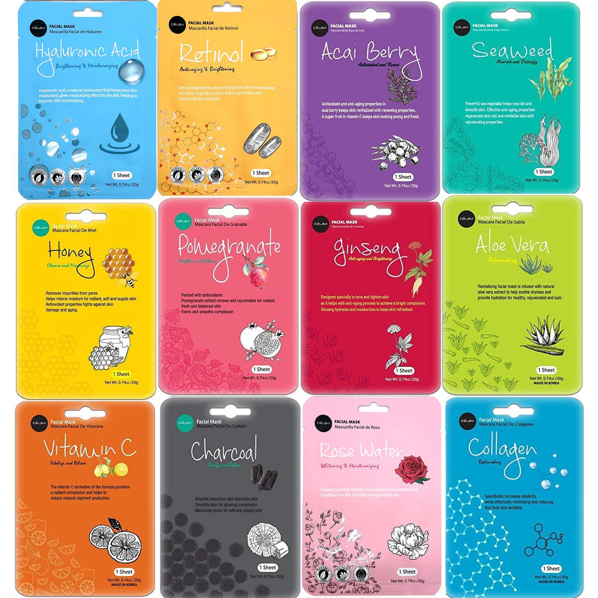 Celavi Face Mask Set - 12 Korean Beauty Essence Sheet Masks For Moisturizing Skin Care