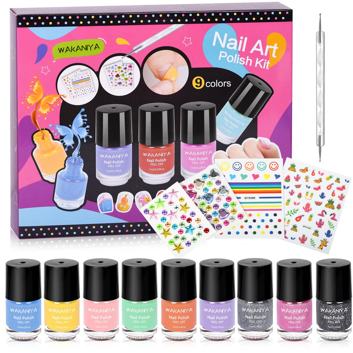 Wakaniya Kid Nail Polish Set - 9 Non-Toxic Quick Dry Colors With Gems Stickers, Ages 3+