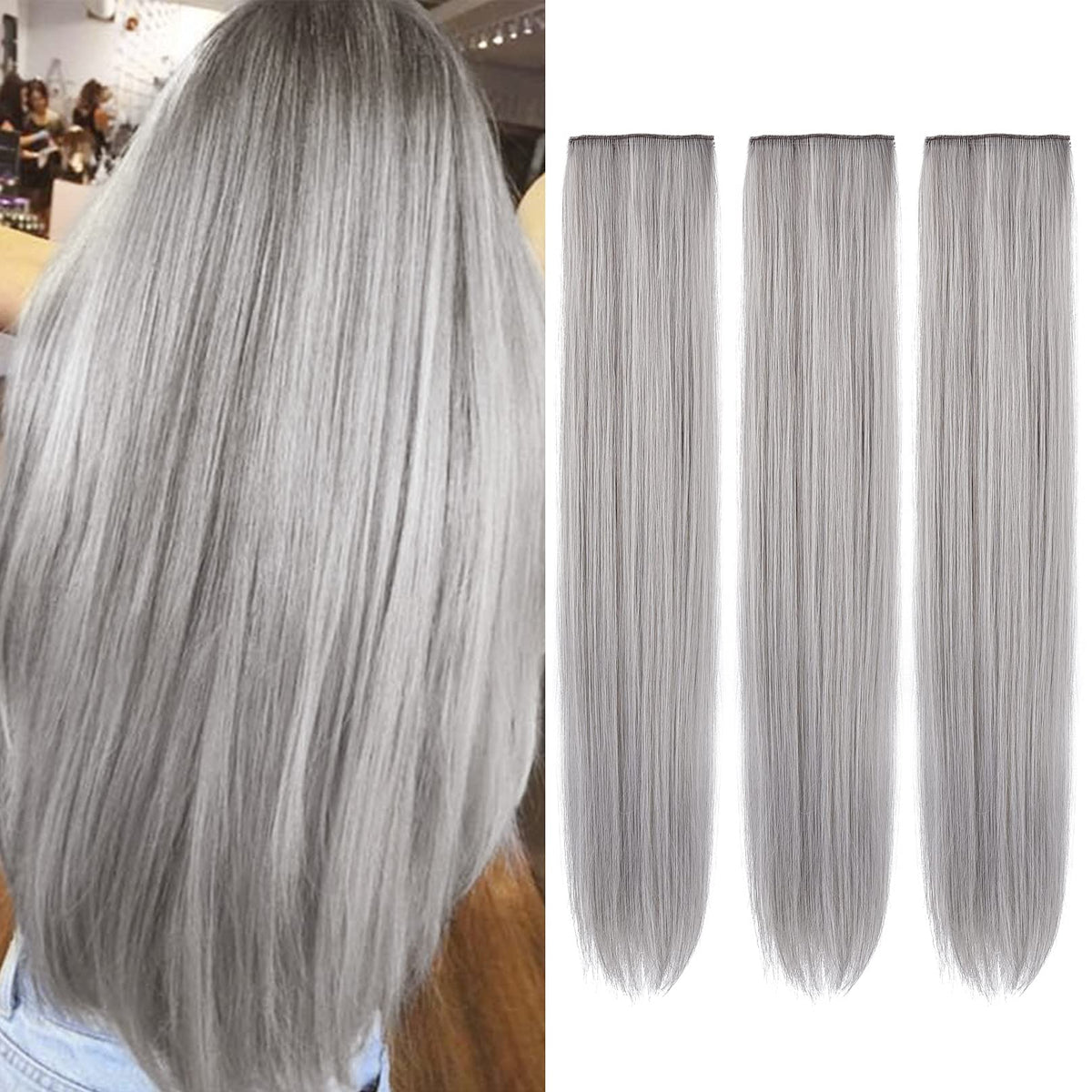 REECHO 20 Inch Clip-in Hair Extensions Set - Grey/Brown/Silver/White Straight (3PCS)