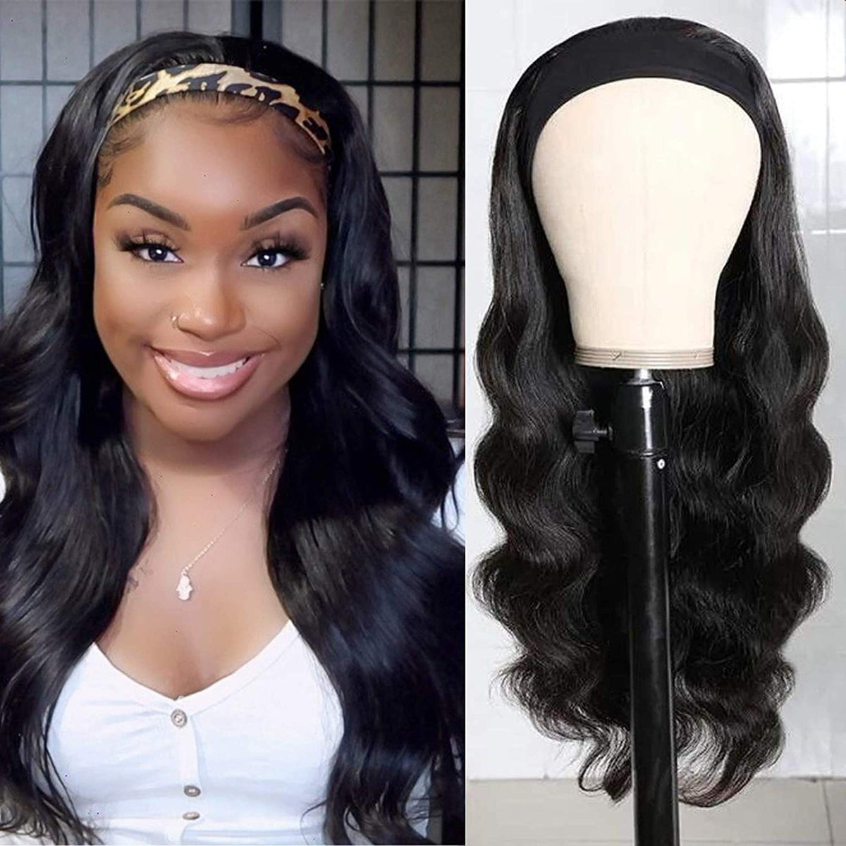 UNICE 24&quot; Body Wave Headband Wig - Glueless Human Hair, A-Black Color, 150% Density