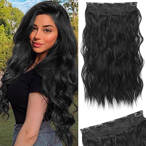 REECHO 20&quot; Black Clip-in Hair Extensions - Thick Wavy Synthetic Hairpieces for Women