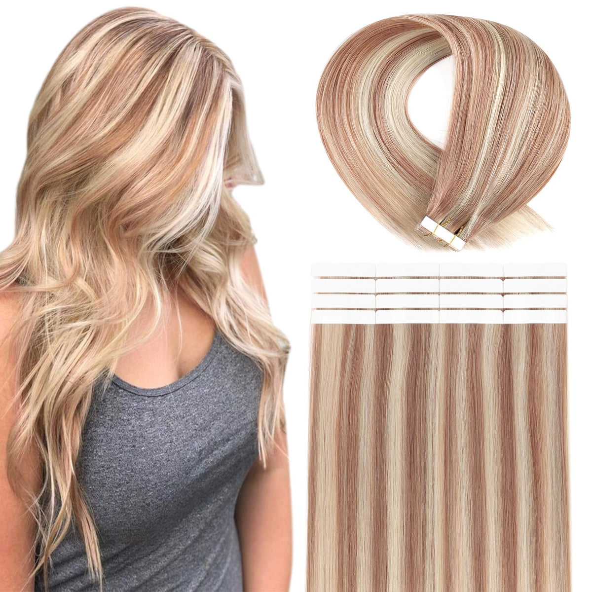 Ymeyme Tape In Hair Extensions 22&quot; Remy Human Hair #B8/60 Balayage, 50G,