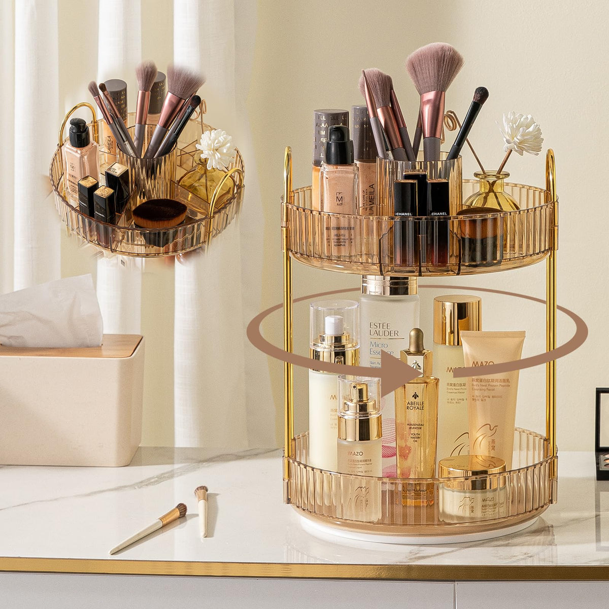 Shuang Qing 360° Rotating Makeup Organizer - Gold 2 Tier Skincare Storage For Cosmetics & Perfume