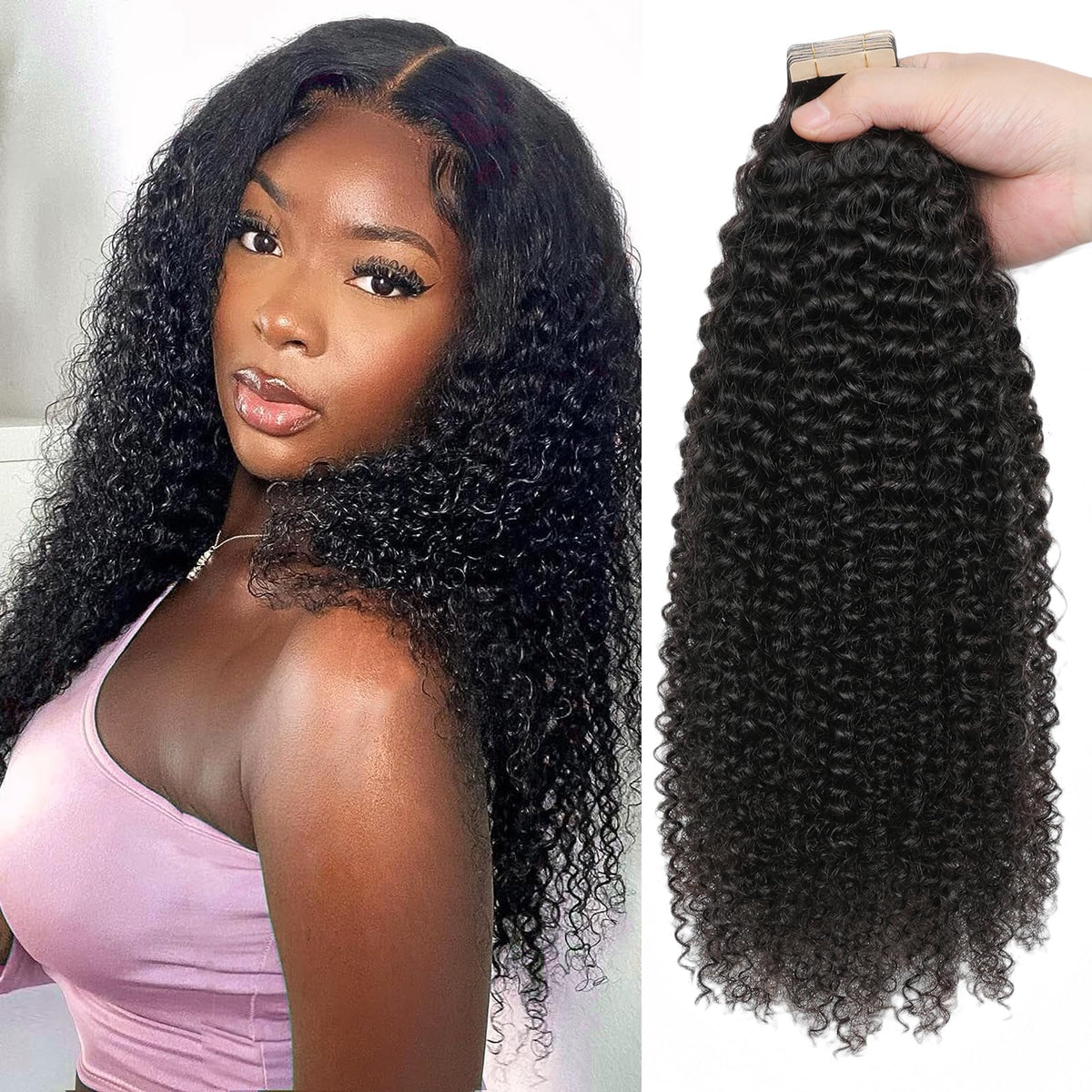 Hotlulana 60Pcs Tape In Hair Extensions, Kinky Curly 20 Inch, Real Human Hair, Seamless