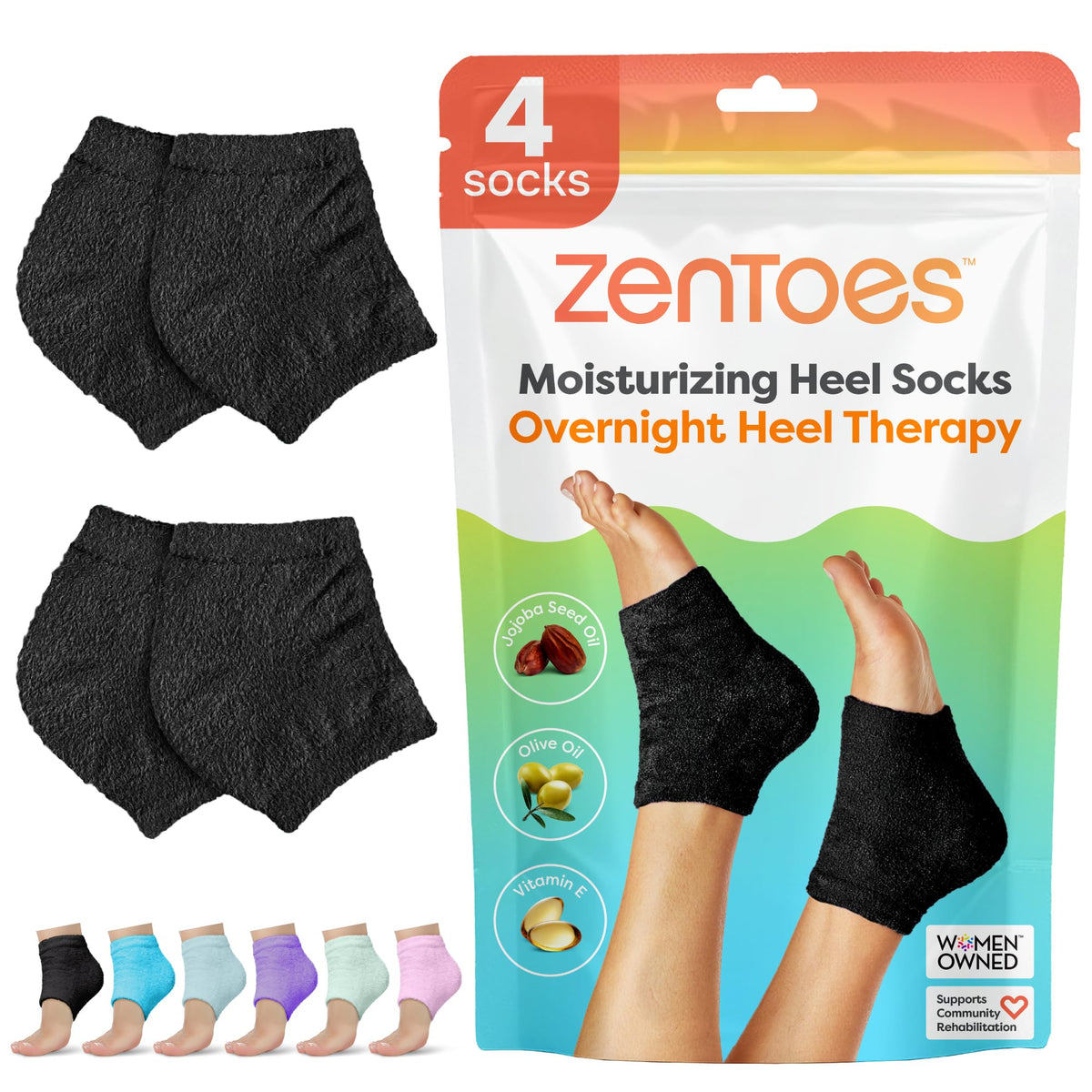 ZenToes Moisturizing Sleep Socks with Vitamin E & Jojoba Oil for Dry Cracked Heels, Fuzzy Black