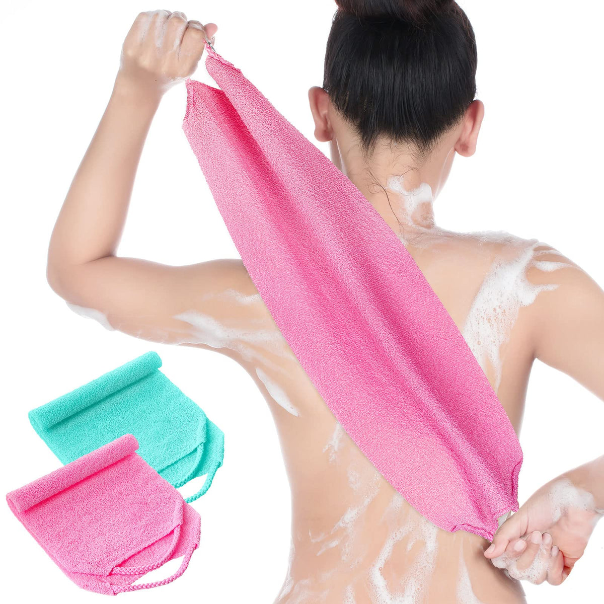 Tatuo Back Scrubber - Exfoliating Nylon Washcloth 2 Pack (Pink, Mint) For Shower & Bath