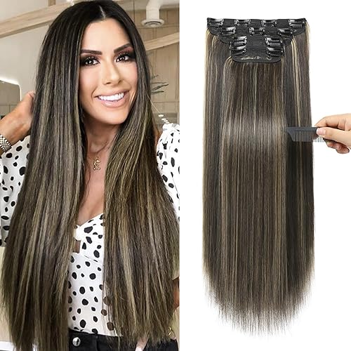 REECHO 20&quot; Thick Clip-In Hair Extensions Set - Dark Brown with Blonde Highlights, 4 PCS