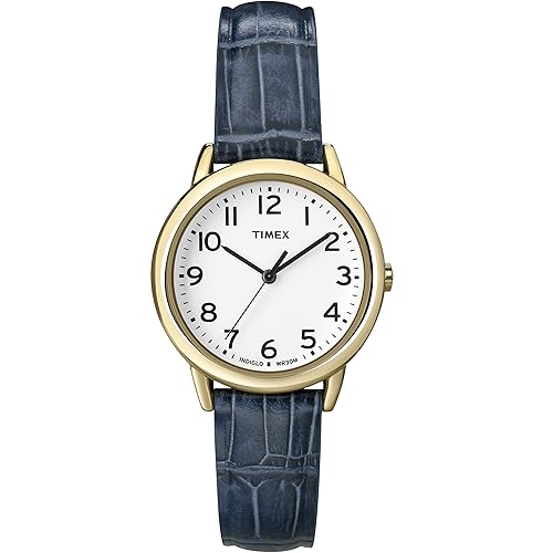 Timex Women'S Blue Croco Leather Strap Watch, 30Mm Brass Case, Gold-Tone Accents