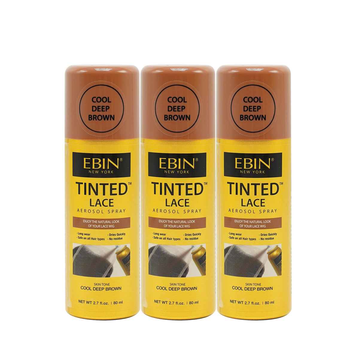 EBIN NEW YORK Tinted Lace Aerosol Spray 3-Pack, Cool Deep Brown, Quick Dry, Natural Look