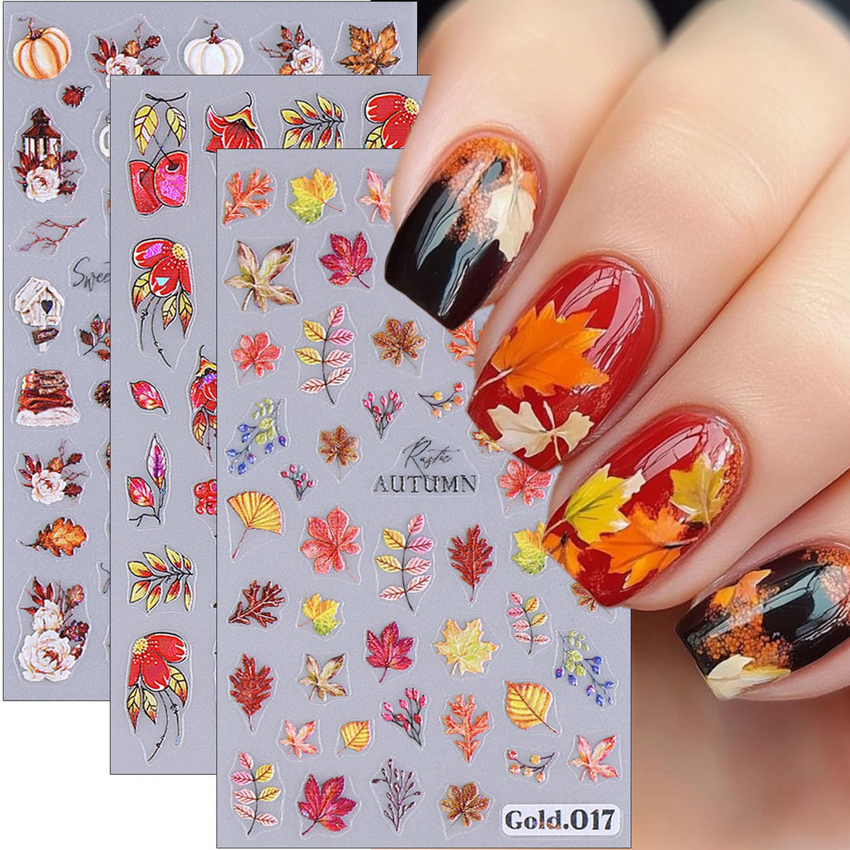 Sutaozhi 5D Fall Nail Art Stickers - Autumn Maple Leaf & Pumpkin Designs For Women