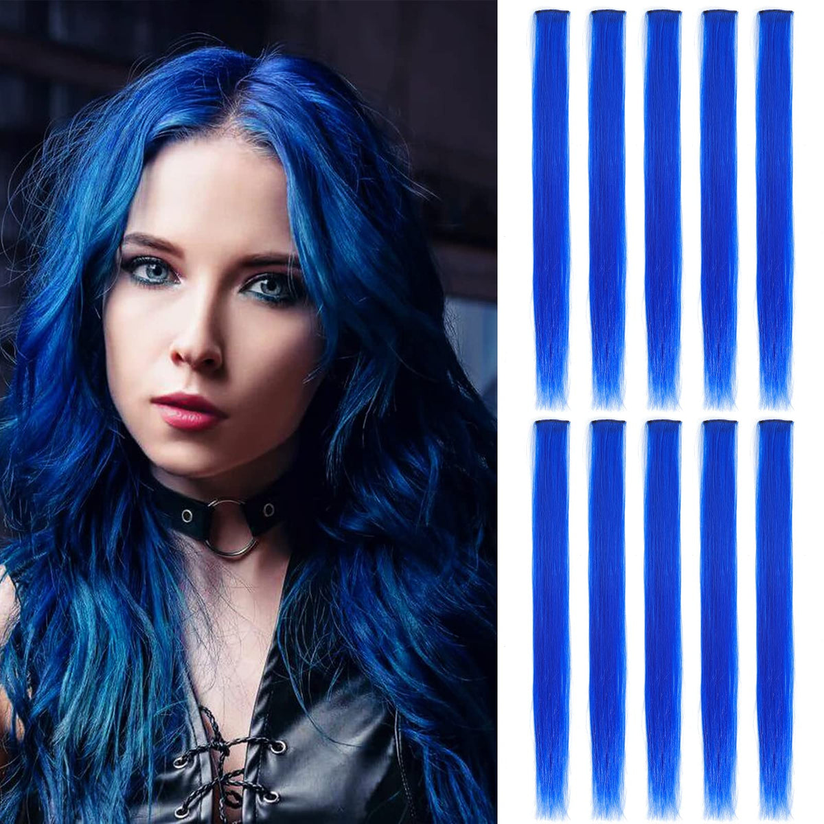 Sleekcute Sapphire Blue Clip-In Hair Extensions, 10 Pcs 22&quot; Straight Synthetic For Cosplay & Parties