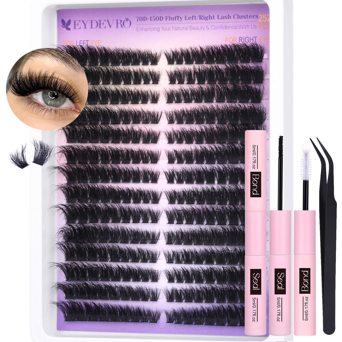 Eydevro Fluffy Lash Clusters Kit - Mega Volume 70D-150D Eyelash Extensions With Bond & Tweezers