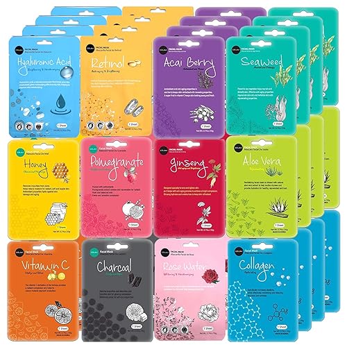 Celavi Face Mask Set - 48 Korean Beauty Essence Sheet Masks, Moisturizing 4 Packs, K-Beauty