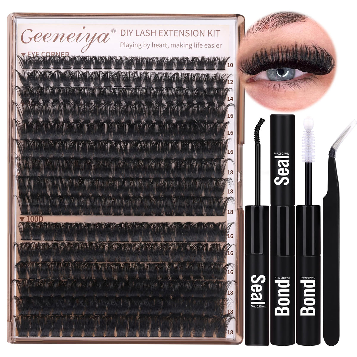 Geeneiya D Curl Eyelash Extensions Kit - 302Pcs Volume Lash Clusters With Waterproof Bond & Tweezers