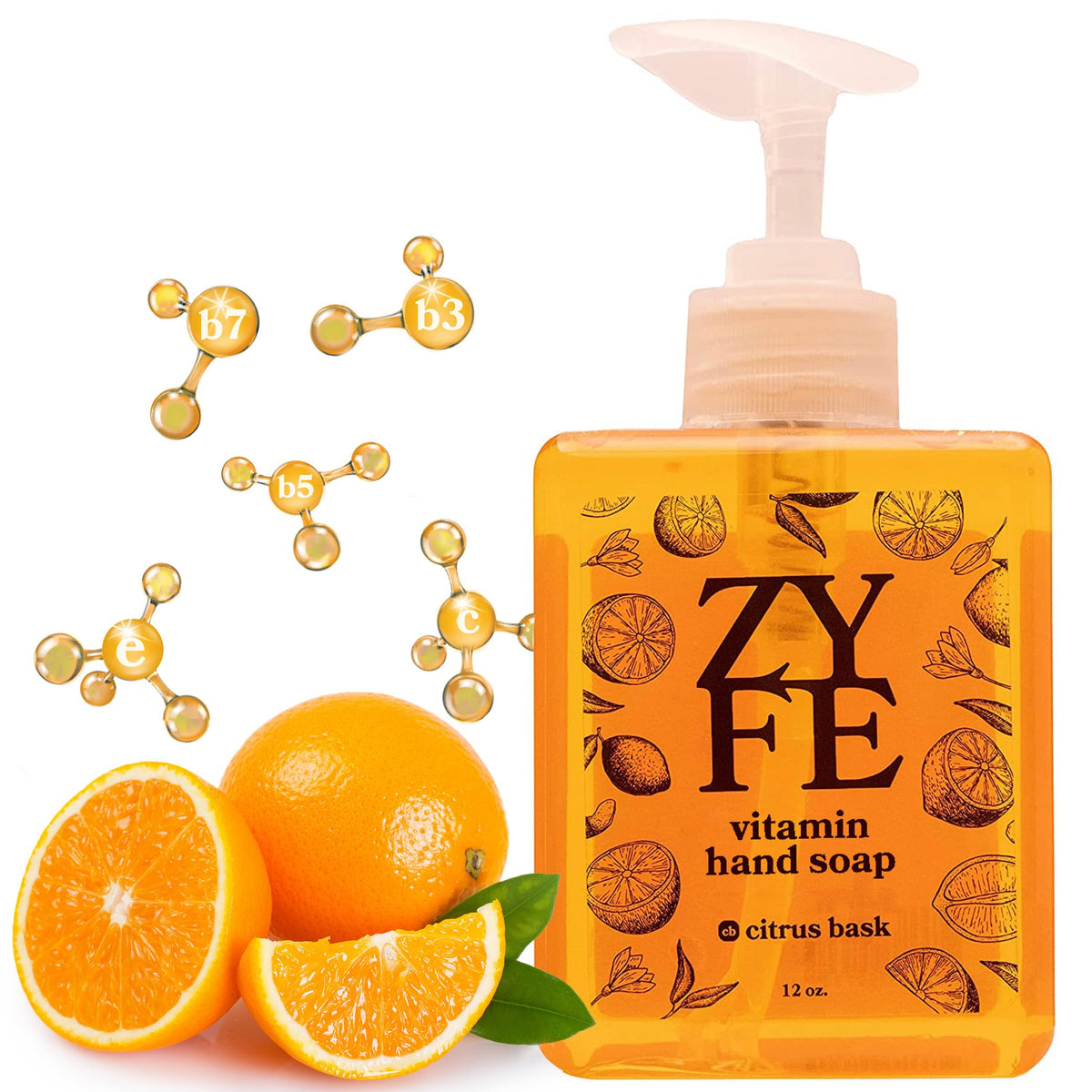 Zyfe Vitamin Hand Soap - Natural Moisturizing Liquid Soap With Citrus Fragrance, 12Oz Pump