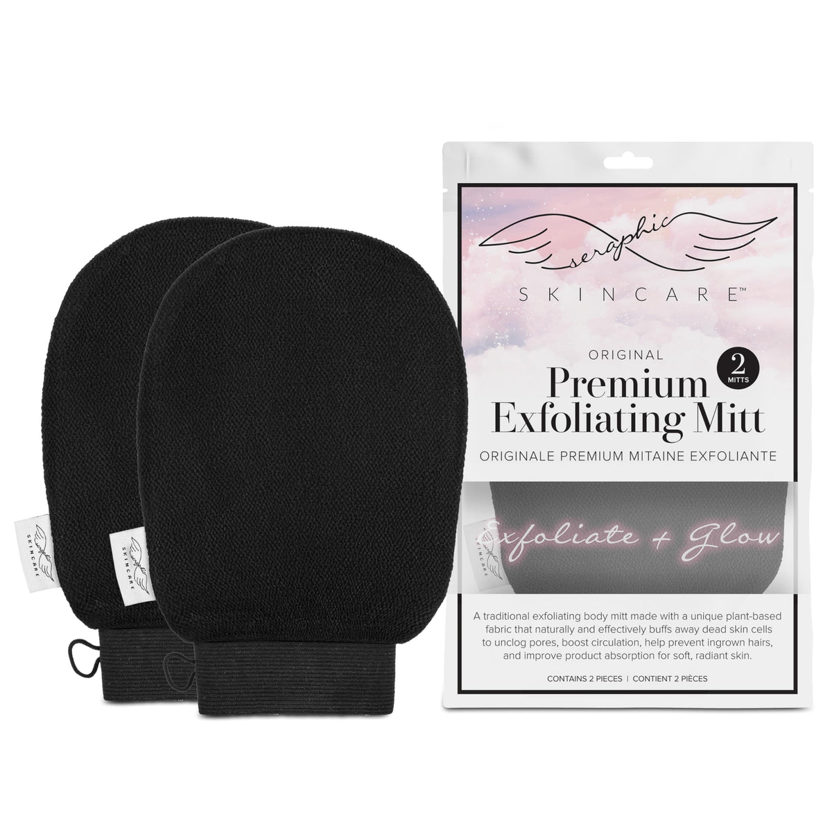 Seraphic Skincare Premium Exfoliating Mitts - 100% Vegan Viscose Body Scrub (2Pc)