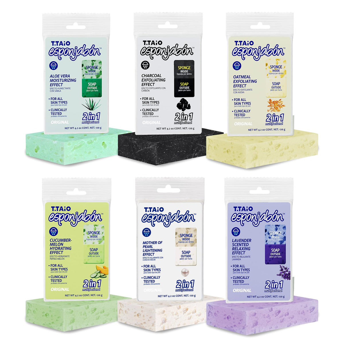 T.Taio Esponjabon Soap Sponge Variety Pack - 6 Assorted Bath Scrubbers For Face & Body