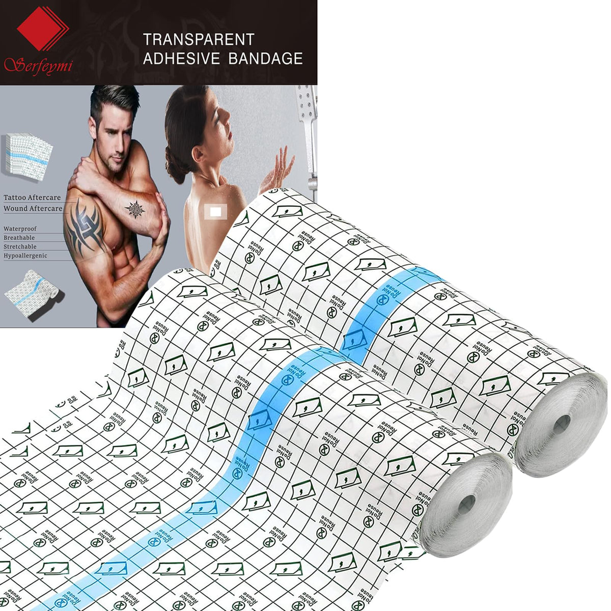 Serfeymi Tattoo Aftercare Waterproof Bandage Tape - 6 Inch X 1.1 Yard, 2 Rolls, Clear Dressing