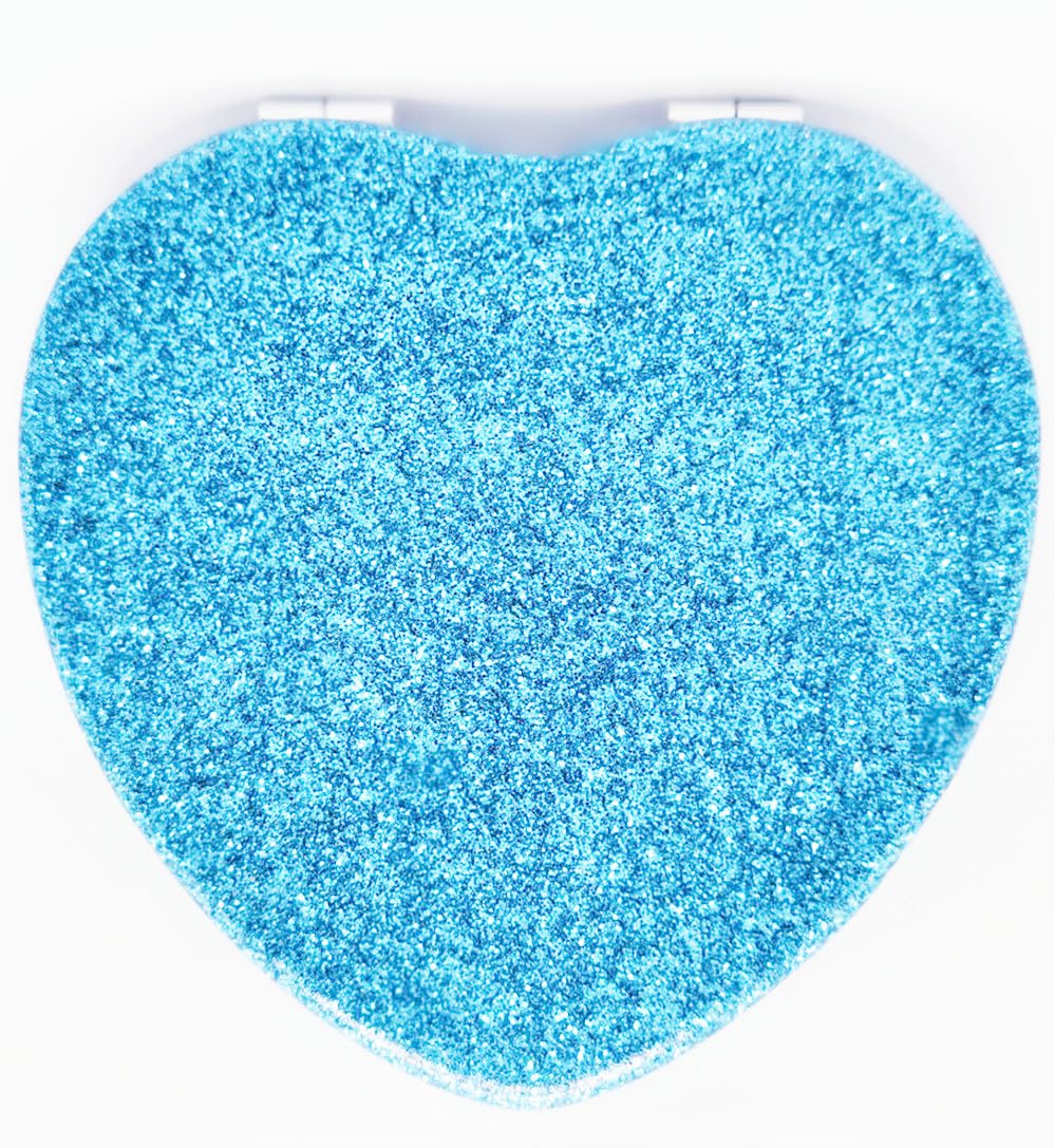 Mpowtech Blue Heart Shaped Compact Mirror - Portable 2X Magnification Makeup Mirror For Purse