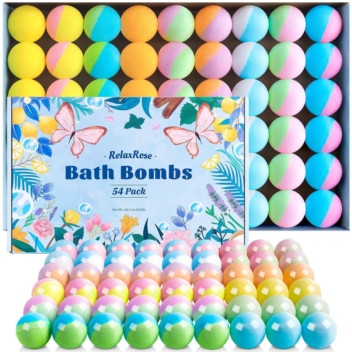 Relaxrose 54 Pack Handmade Bath Bombs - 11 Colors, 9 Scents, Long-Lasting Fizzy Fun