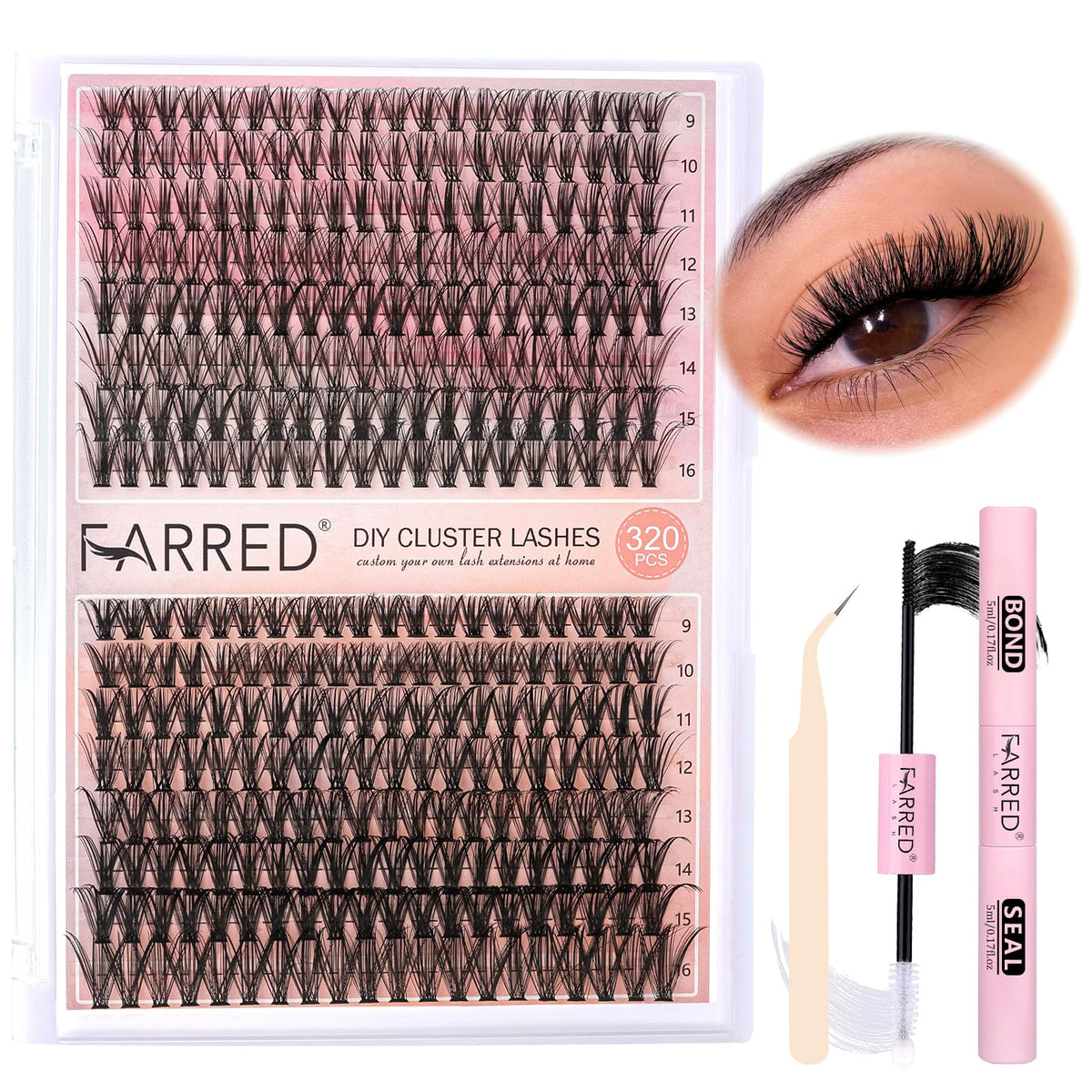 Farred 320Pcs Lash Clusters Kit - Wispy Individual Eyelash Extensions, Silk, Waterproof, Diy