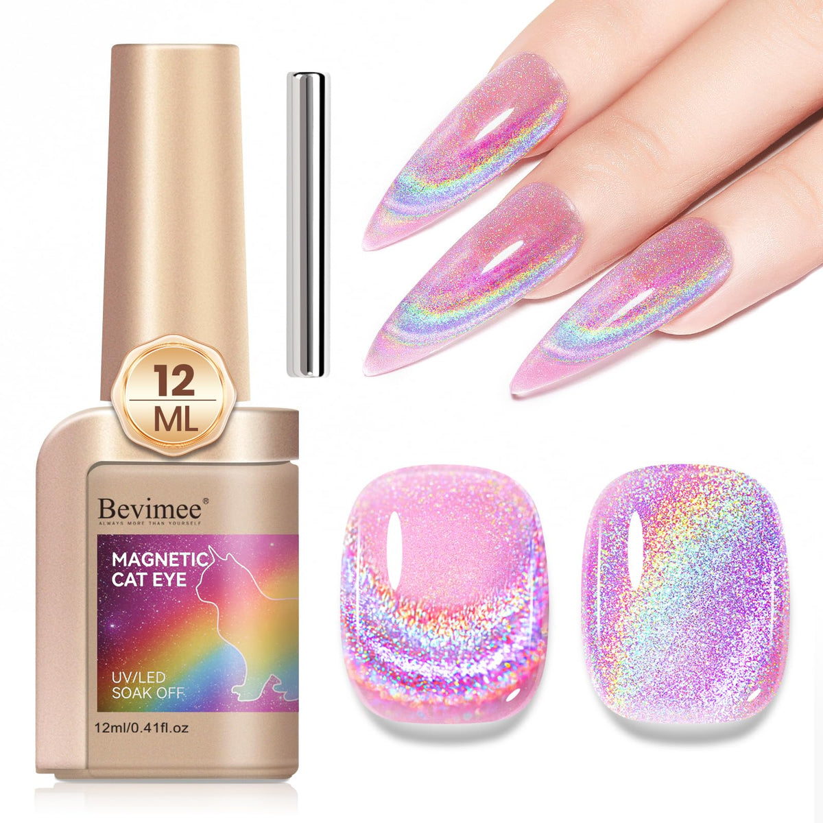 Bevimee Pink Cat Eye Gel Nail Polish - Holographic Glitter Uv Gel For Nail Art, 12Ml