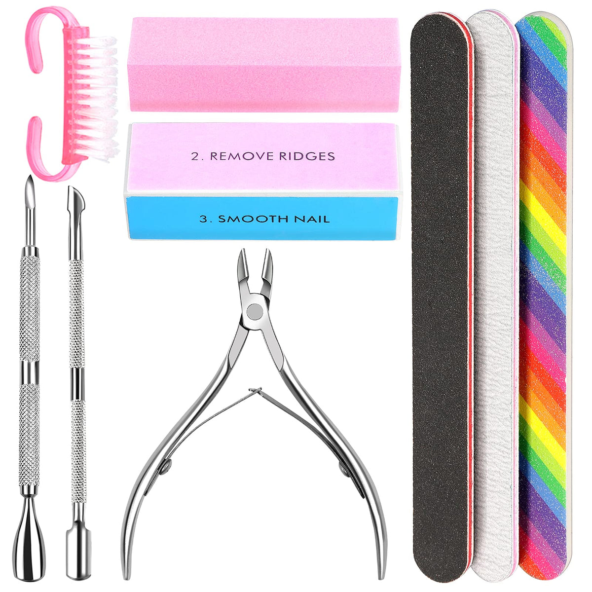 HNYYZL 9-Piece Nail File and Buffer Set with Cuticle Nipper, Pink Manicure Tool Kit