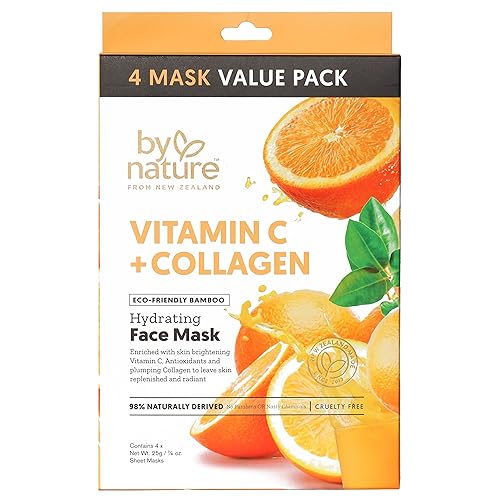 By Nature 4Pk Vitamin C + Collagen Face Masks - Hydrating, Firming, Replenishing Sheet Masks