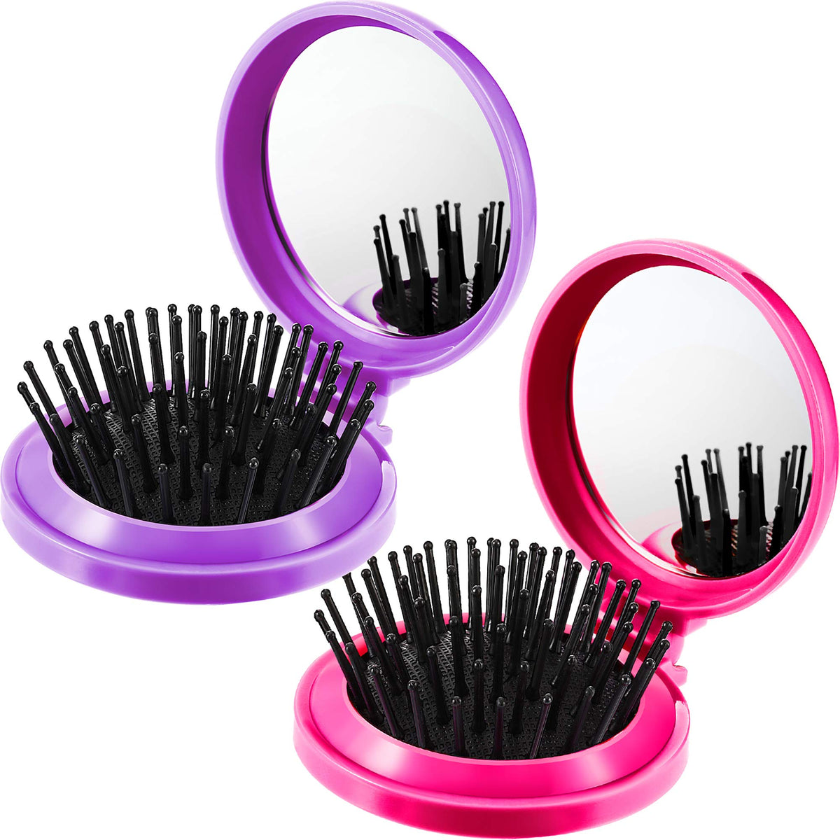 Boao 2-Piece Folding Travel Mirror Hair Brush Set, Compact Pocket Comb - Purple, Rose Red