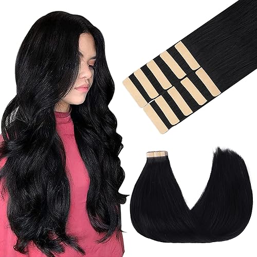 GOO GOO Tape in Hair Extensions - Jet Black, 18&quot; 25g, Thick Ends, Human Hair, 10pcs