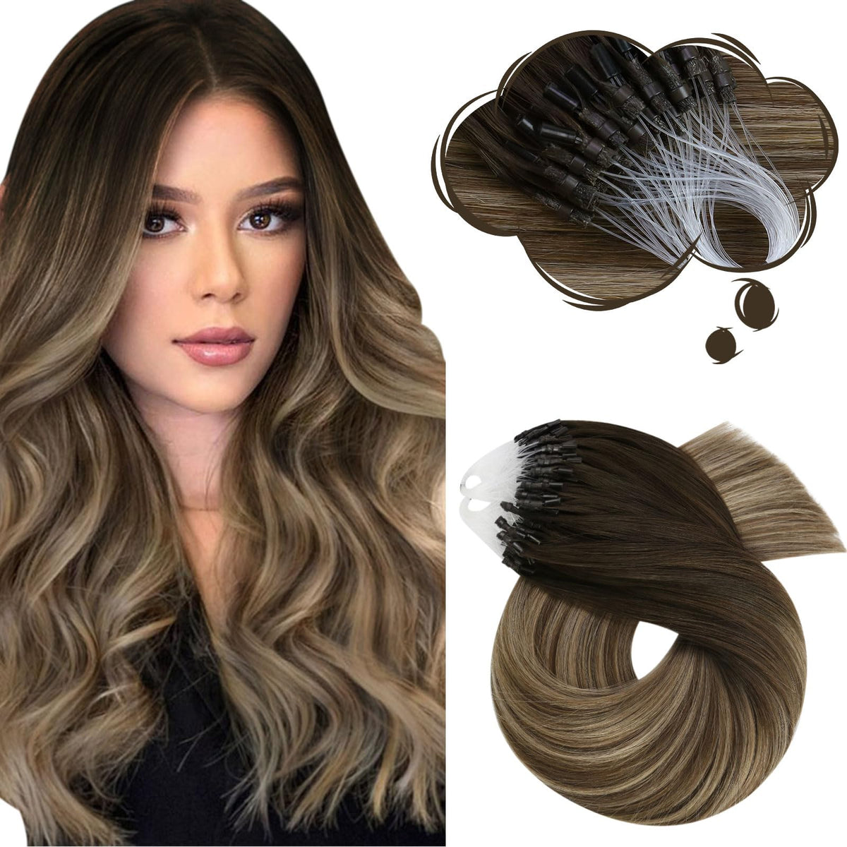 Moresoo Micro Loop Hair Extensions 18&quot; Real Human Hair Ombre Brown to Blonde, 50G/50S