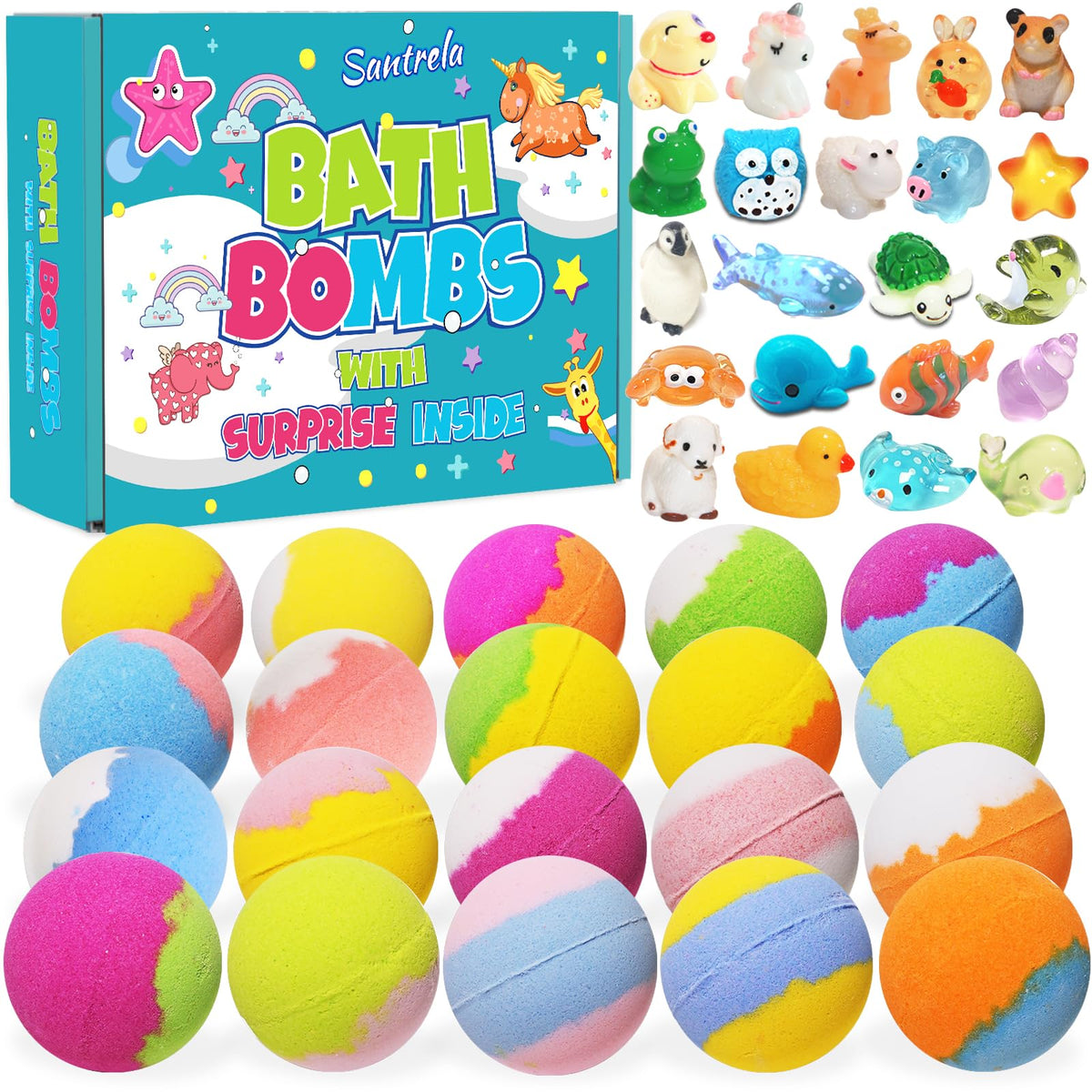 Santrela Bath Bombs For Kids, 20 Pack With Surprise Toys - Gift Set For Birthday & Holidays