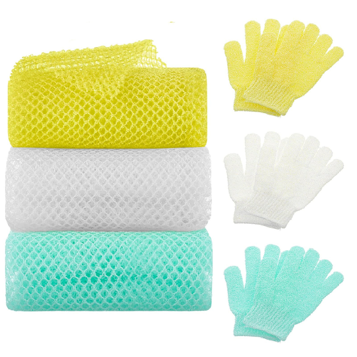 Wsicse 6 Pack Exfoliating Bath Sponge & Gloves Set - Green, Yellow, White, Nylon Scrubbers