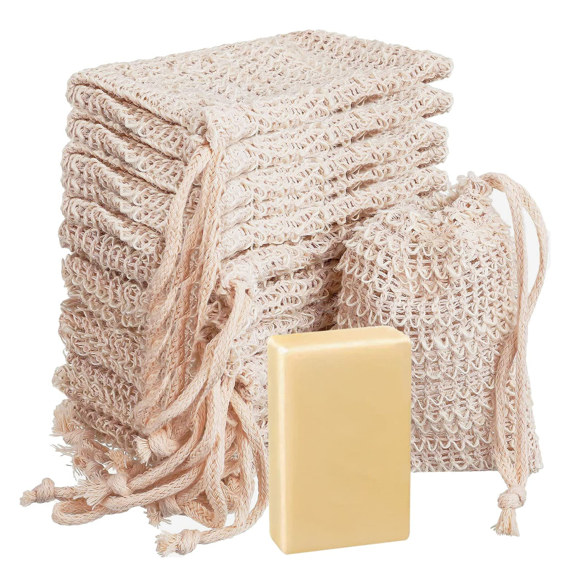 Tacykibd 15 Pack Natural Sisal Soap Saver Bags - Exfoliating Drawstring Pouches For Bath Shower