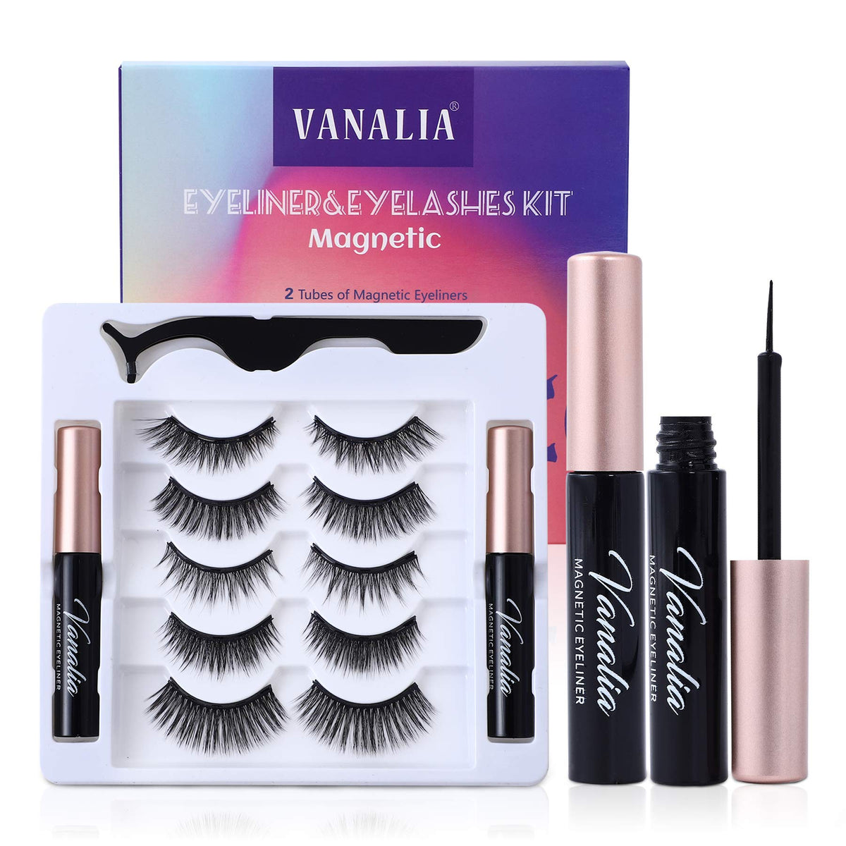 Vanalia Magnetic Eyelashes Kit - 5 Pairs 3D 5D Silk Lashes With Eyeliner & Twe