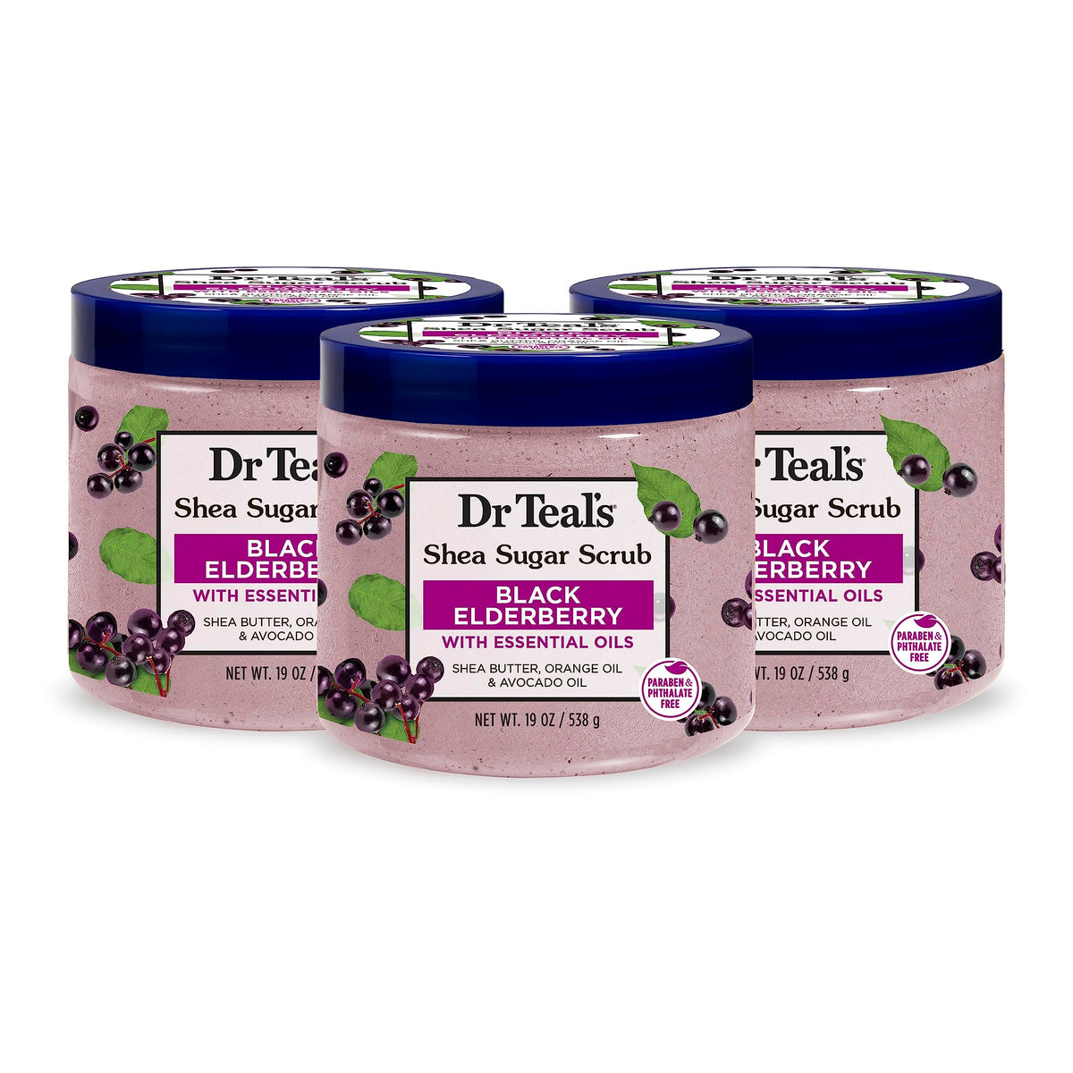 Dr Teal'S Shea Sugar Body Scrub, Black Elderberry, 19 Oz - Pack Of 3 With Essential Oils