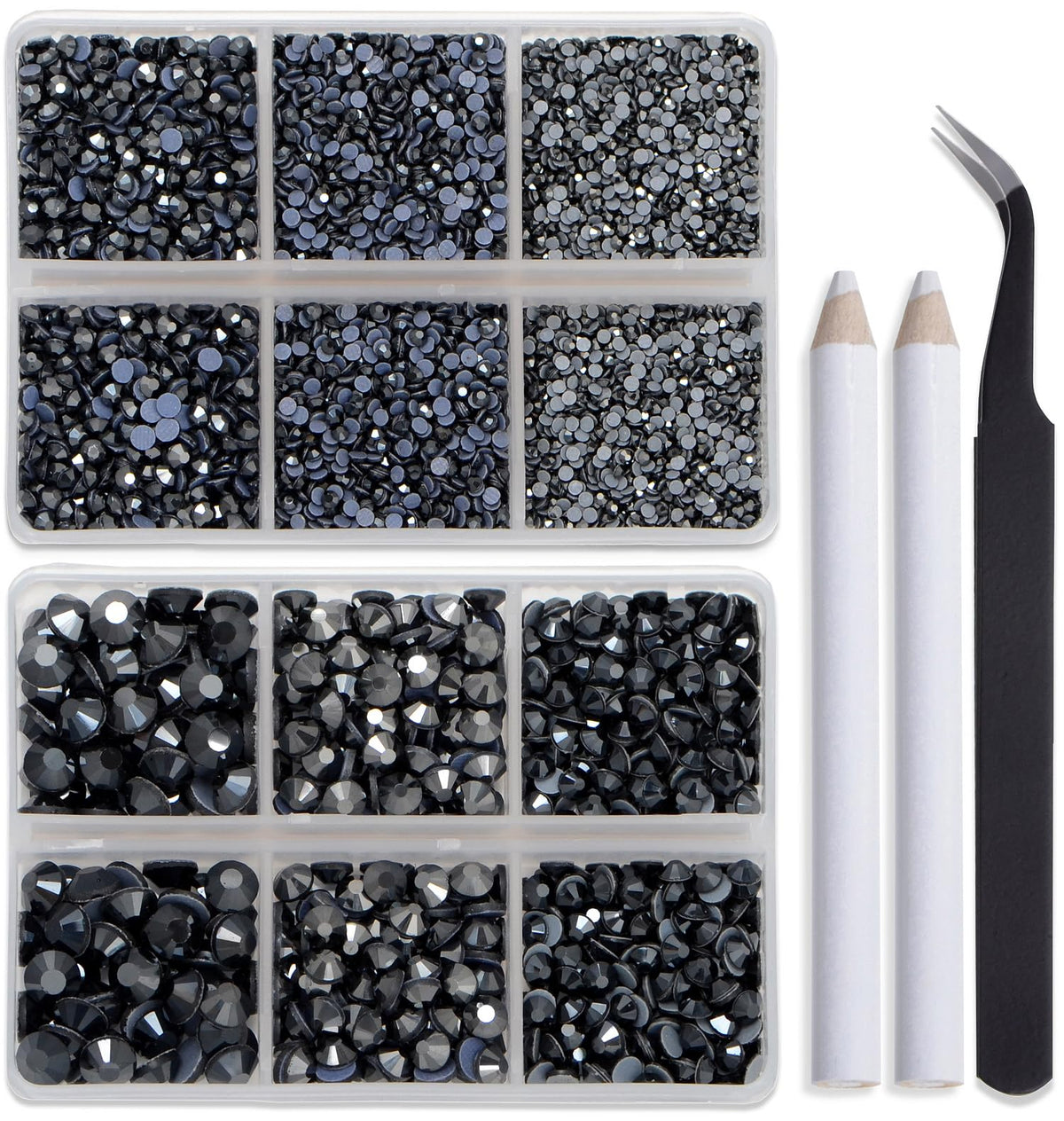 Bymitel Hotfix Crystal Rhinestones, Jet Hematite, 8000Pcs Mixed Sizes, Craft Kit With Wax Pencil