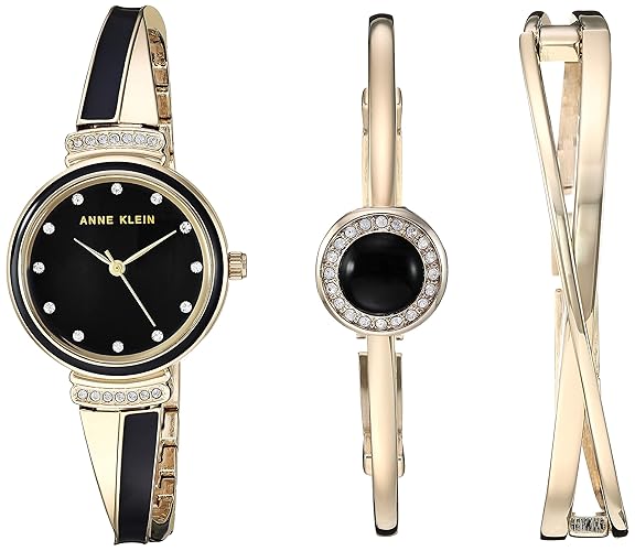 Anne Klein Women'S Gold/Black Crystal Accented Watch & Bangle Set - Premium Metal Jewelry