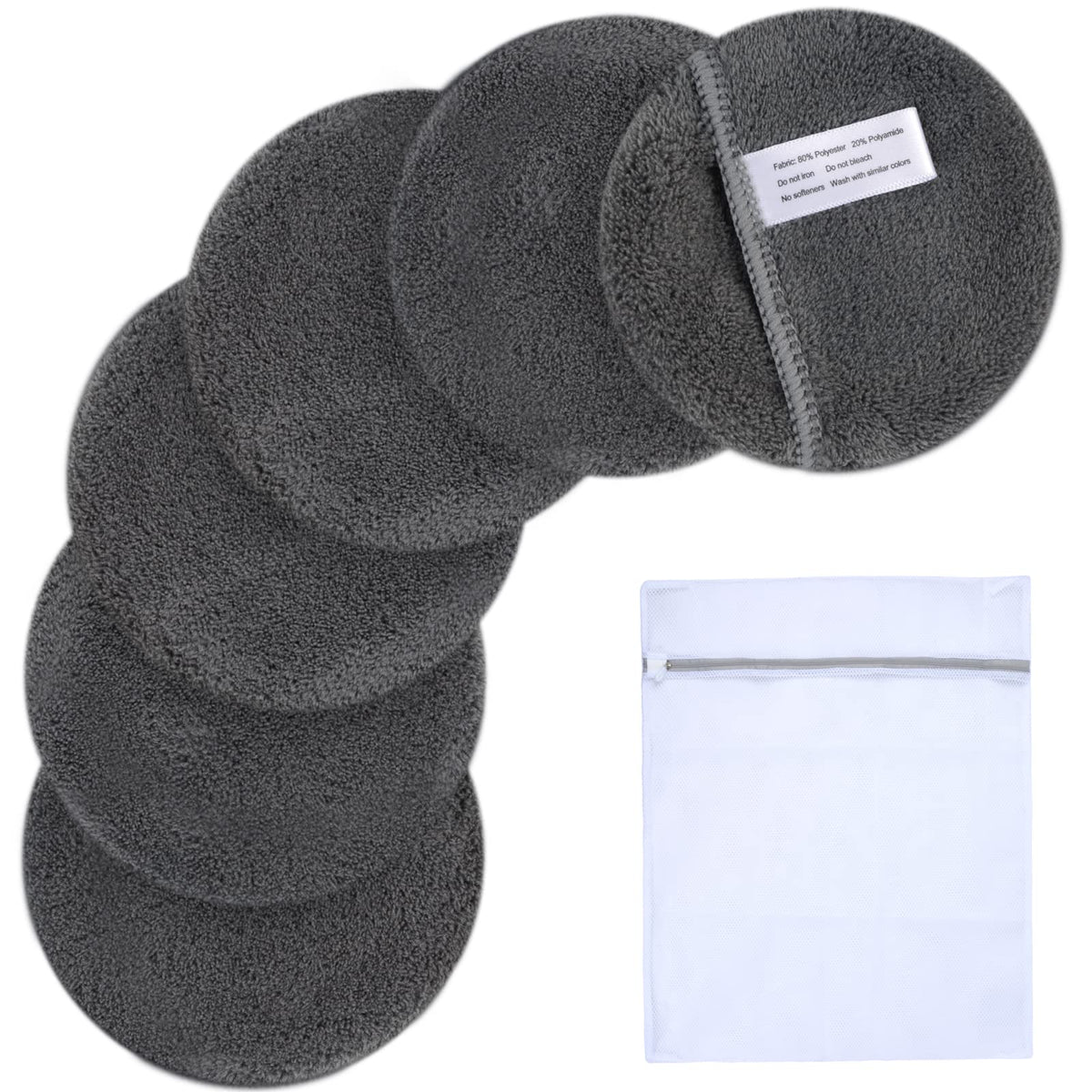 Sunland Reusable Microfiber Makeup Remover Pads - 6 Count Dark Grey Cleansing Cloths With Bag