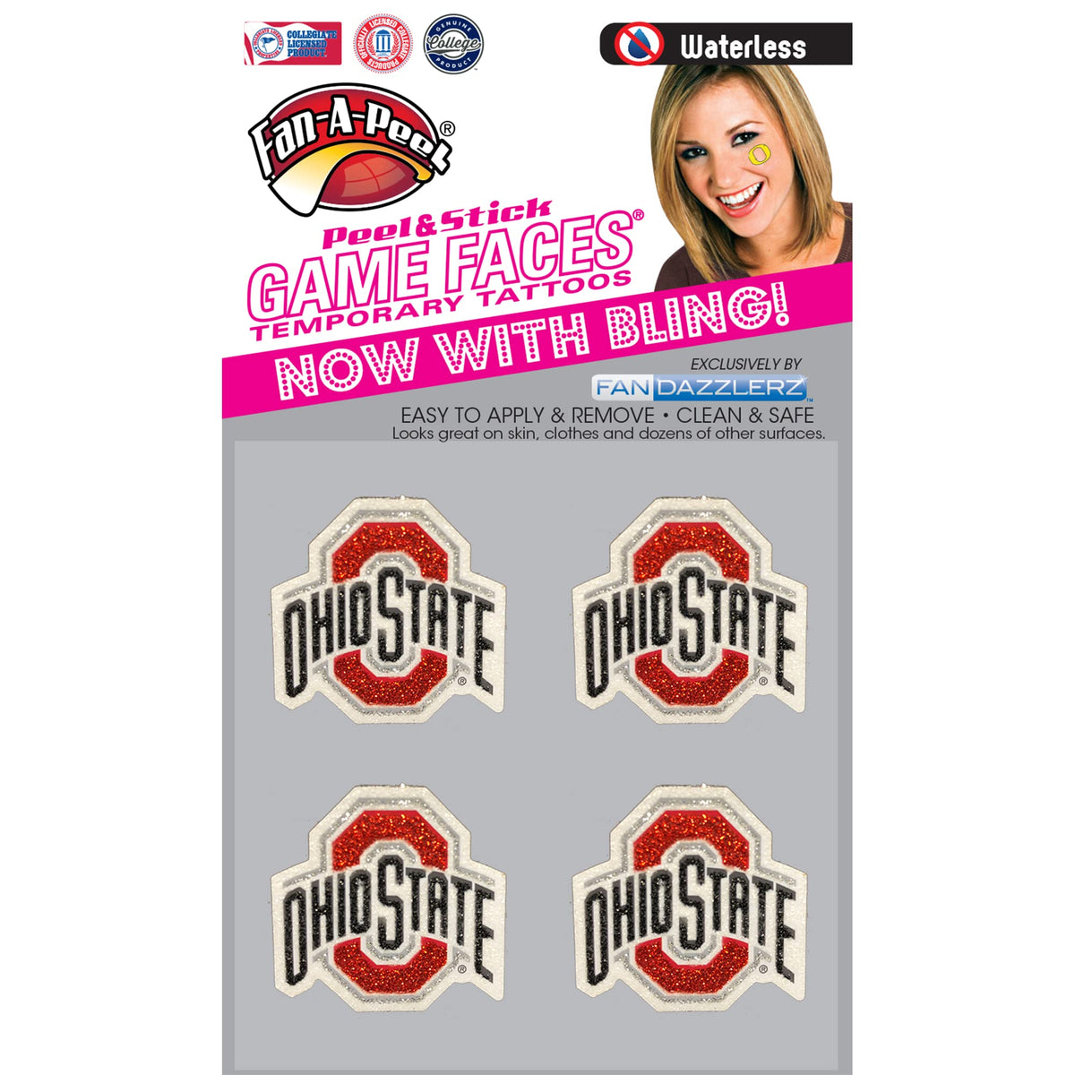 Fan-A-Peel Ohio State Waterproof Temporary Glitter Tattoos - Hypoallergenic Peel And Stick