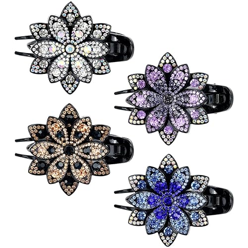 Insowni 4 Pack Sparkly Flower Hair Claws - Rhinestone Clips For Thick Long Hair - Korean Style