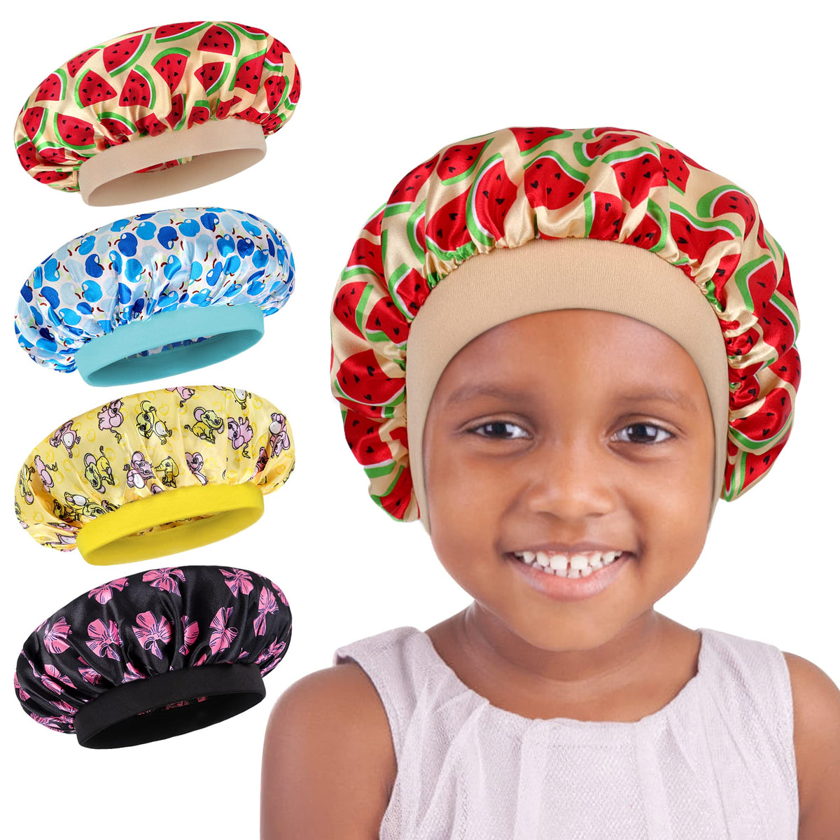 LADES Kids Satin Sleeping Cap - Adjustable Sleep Bonnet for Curly Hair, 3 Packs, Blue, 5-12 Years