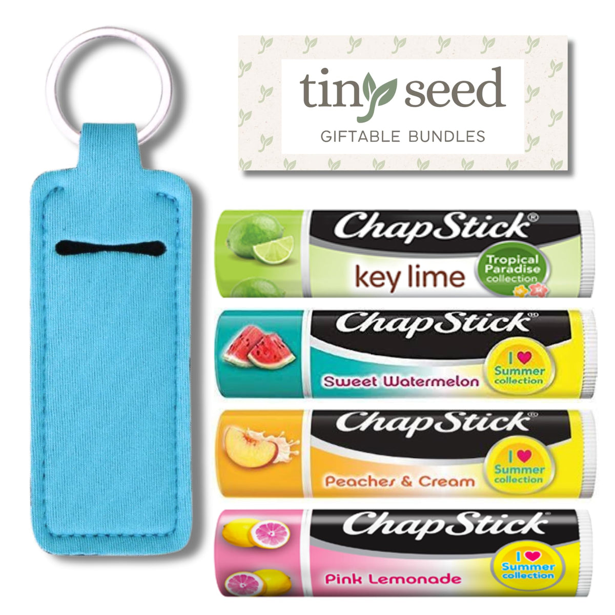 Tiny Seed Chapstick Set Of 4: Key Lime, Pink Lemonade, Peaches & Cream, Sweet Watermelon, Blue