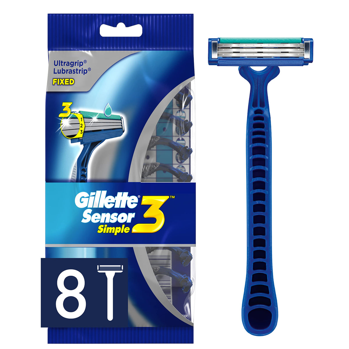 Gillette Sensor3 Men'S Disposable Razors, 8 Count, Blue - Smooth Shave, Easy Grip