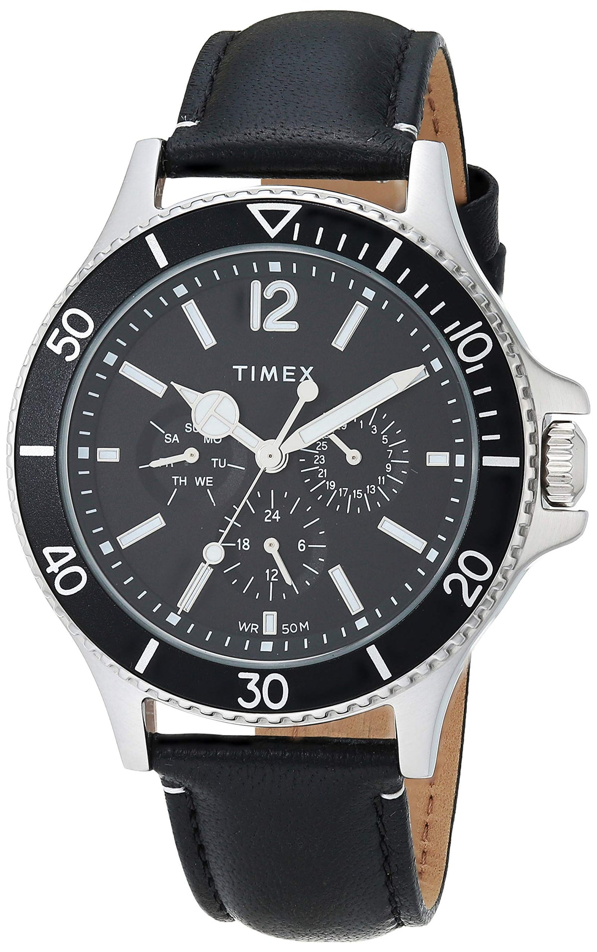 Timex Men'S Harborside 43Mm Multifunction Watch - Black Dial, Silver Case, Leather Strap