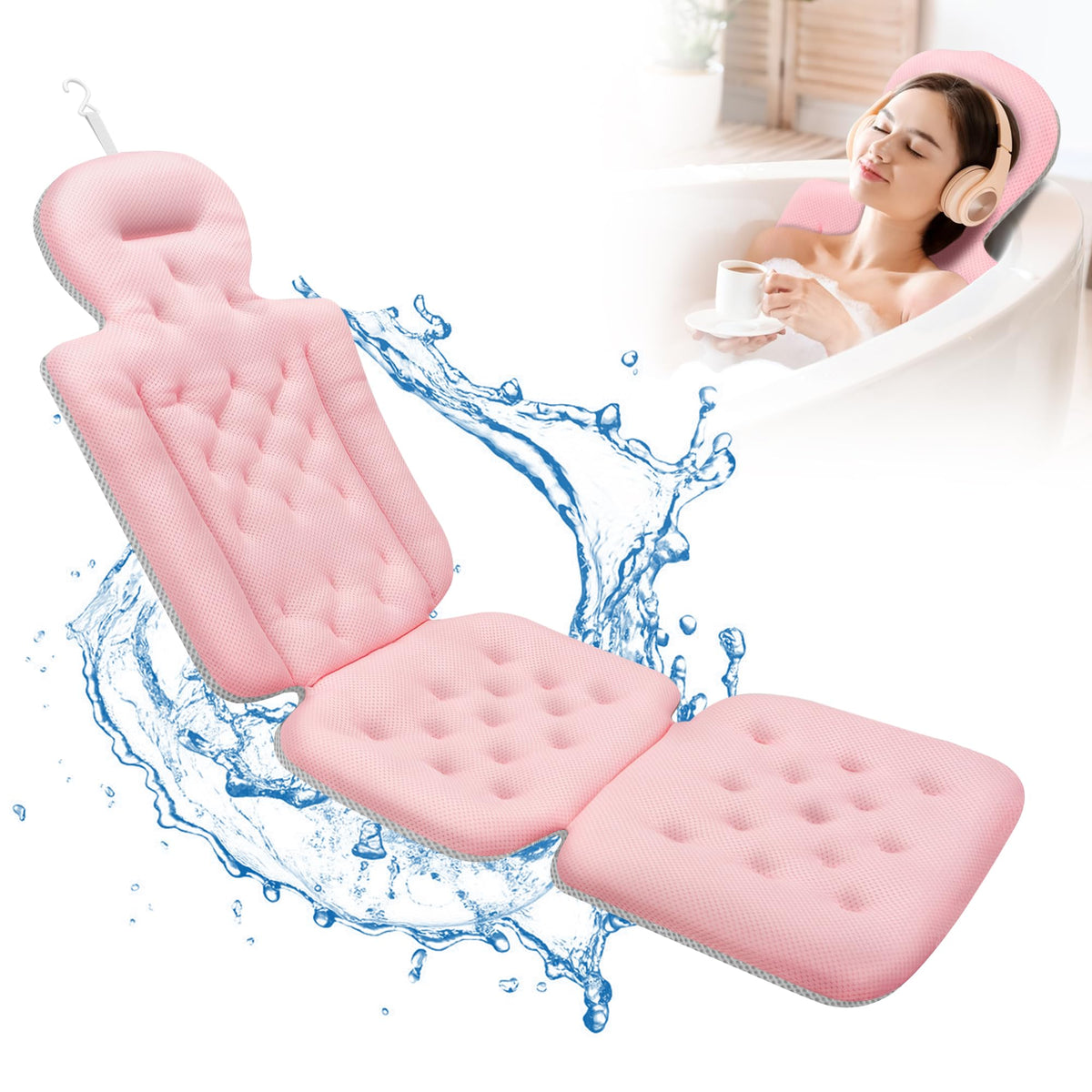 Sxiiro Full Body Bath Pillow - Luxury Pink Cushion With 192 Suction Cups For Neck Support