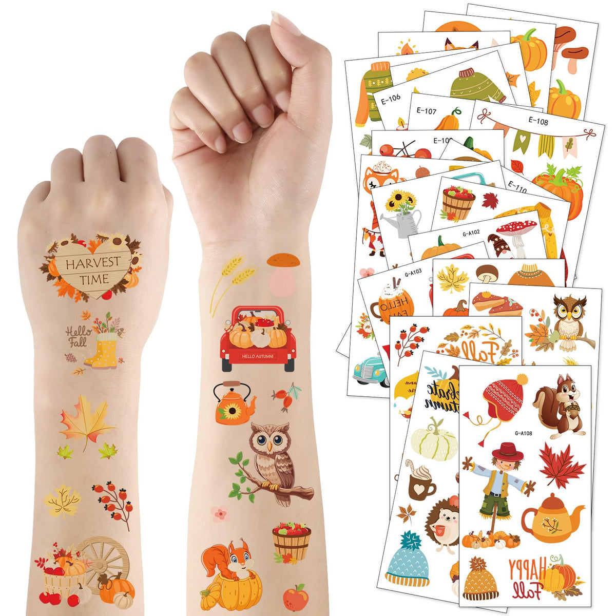 Junebrushs Fall Temporary Tattoos - 183 Autumn Harvest Stickers For Kids, Thanksgiving Decor