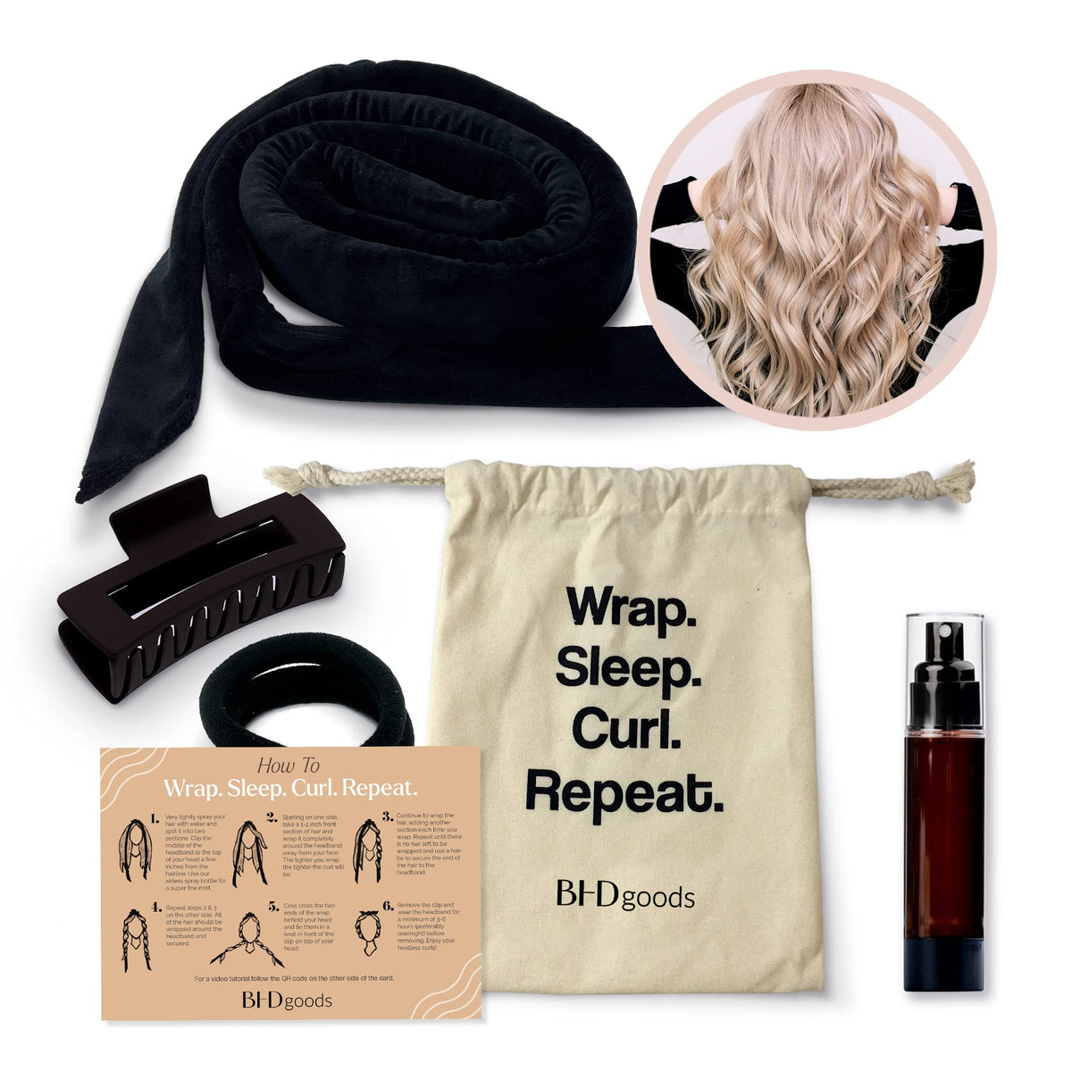 BHDgoods Heatless Curling Set - No Heat Overnight Curlers & Velour Headband, 5 Piece Black Kit