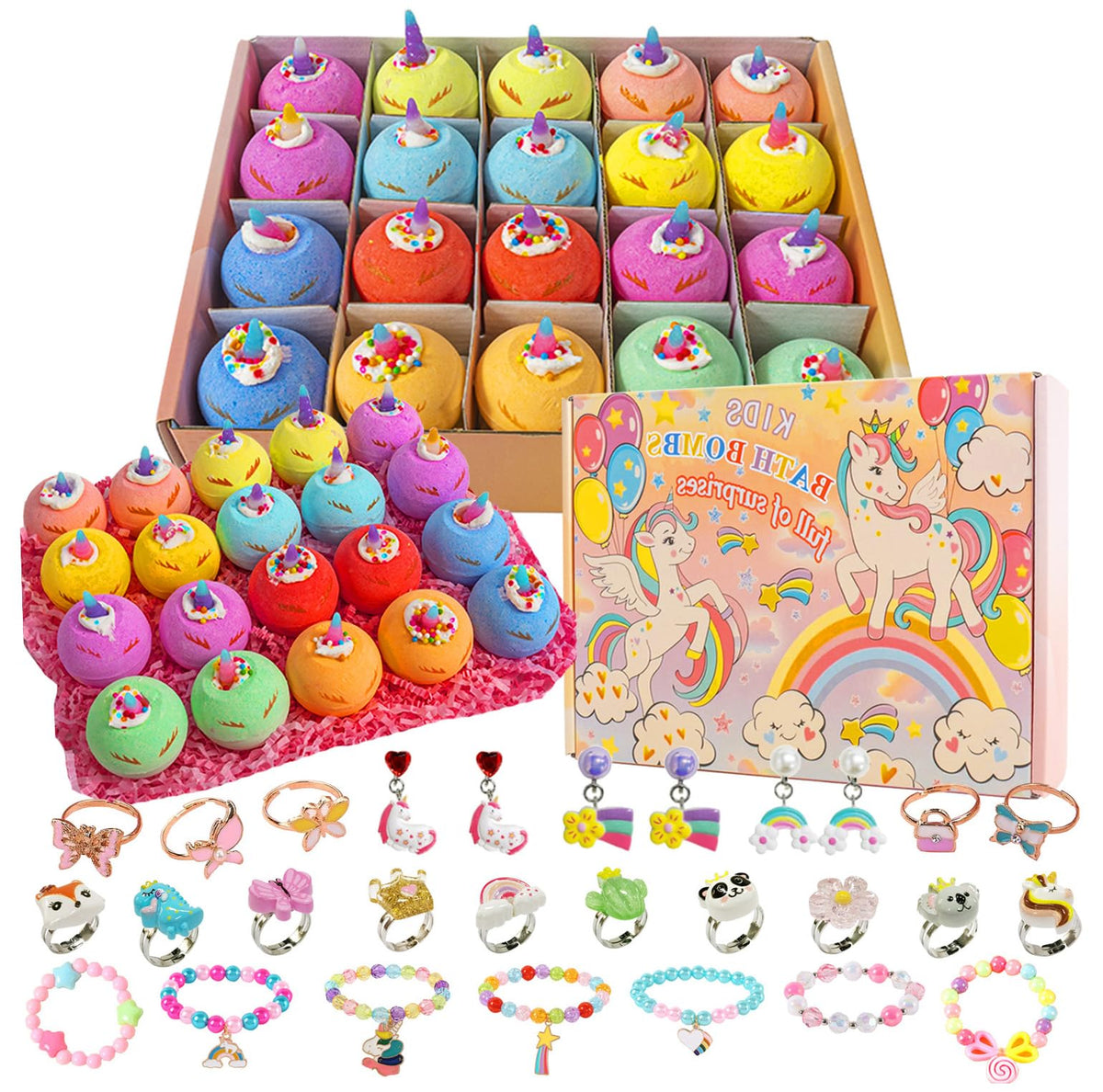 Kottke Kids Bath Bombs - 20 Organic Bath Bombs With Jewelry Rings, Perfect Gift Set For Girls